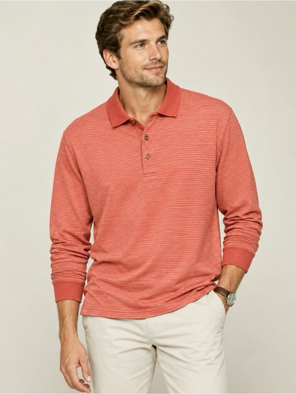 TURNBURY Men’s L  Burnt Orange Striped LS Polo Shirt Quiet Luxury Coastal Prep